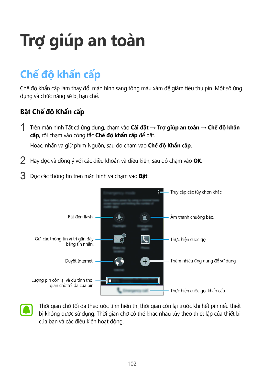 Samsung SM-N910CZKEXXV, SM-N910CZDEXXV, SM-N910CZWEXXV manual Trợ giúp an toàn, Chế độ khẩn cấp, Bật Chế độ Khẩn cấp, 102 