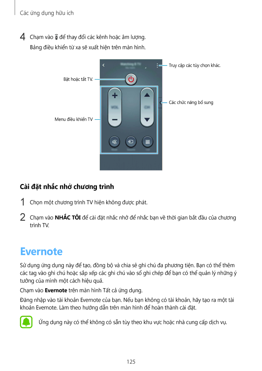 Samsung SM-N910CZWEXXV, SM-N910CZDEXXV, SM-N910CZKEXXV, SM-N910CZIEXXV manual Evernote, Cài đặt nhắc nhở chương trình, 125 