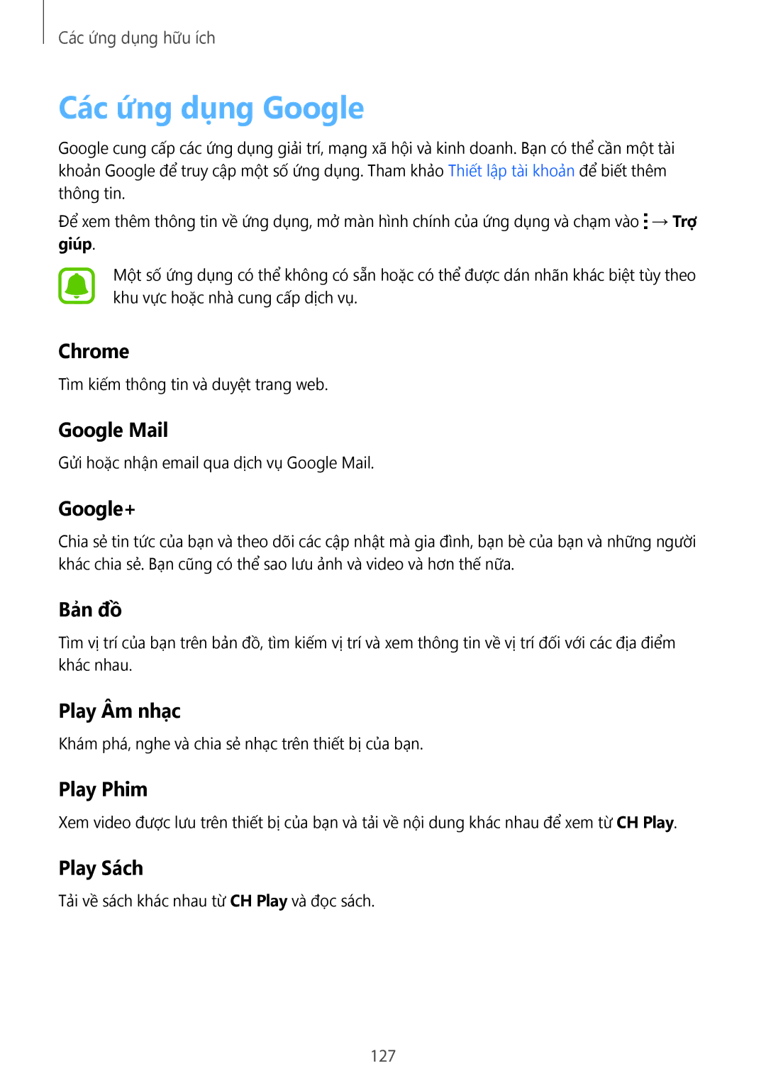 Samsung SM-N910CZIEXXV, SM-N910CZDEXXV, SM-N910CZWEXXV, SM-N910CZKEXXV manual Các ứng dụng Google 