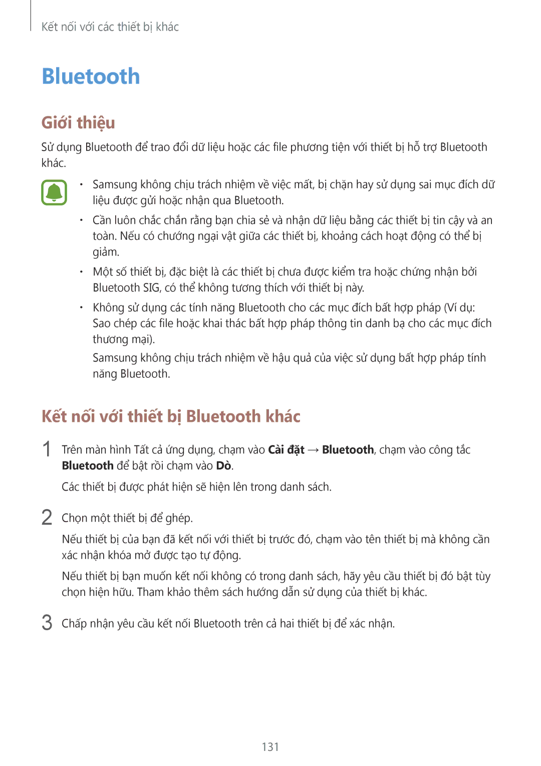 Samsung SM-N910CZIEXXV, SM-N910CZDEXXV, SM-N910CZWEXXV, SM-N910CZKEXXV manual Kết nối với thiết bị Bluetooth khác, 131 