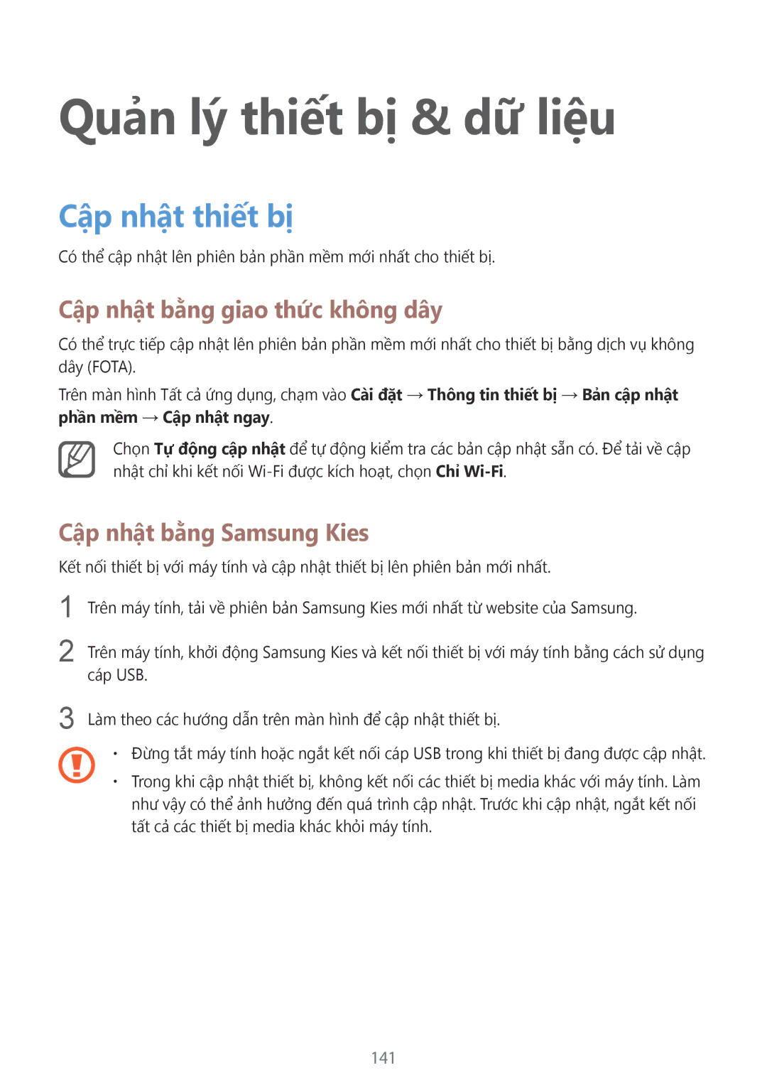 Samsung SM-N910CZWEXXV manual Quản lý thiết bị & dữ liệu, Cập nhật thiết bị, Cập nhật bằng giao thức không dây, 141 