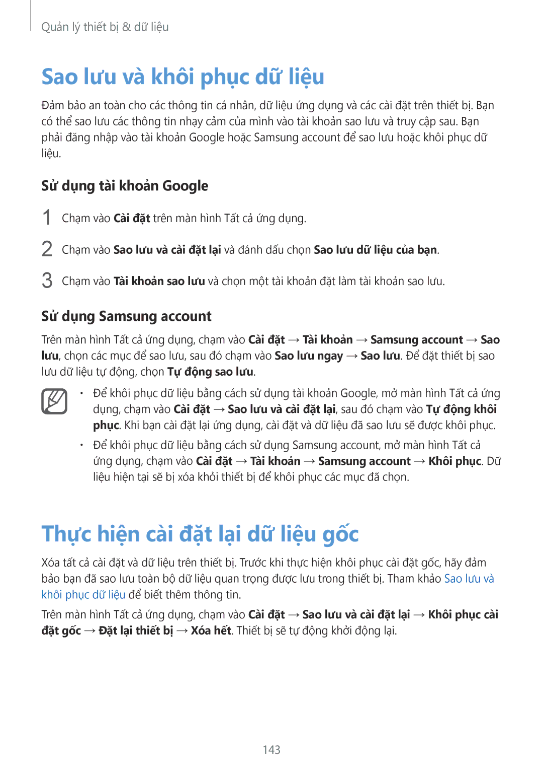 Samsung SM-N910CZIEXXV Sao lưu và khôi phục dữ liệu, Thực hiện cài đặt lại dữ liệu gốc, Sử dụng tài khoản Google, 143 