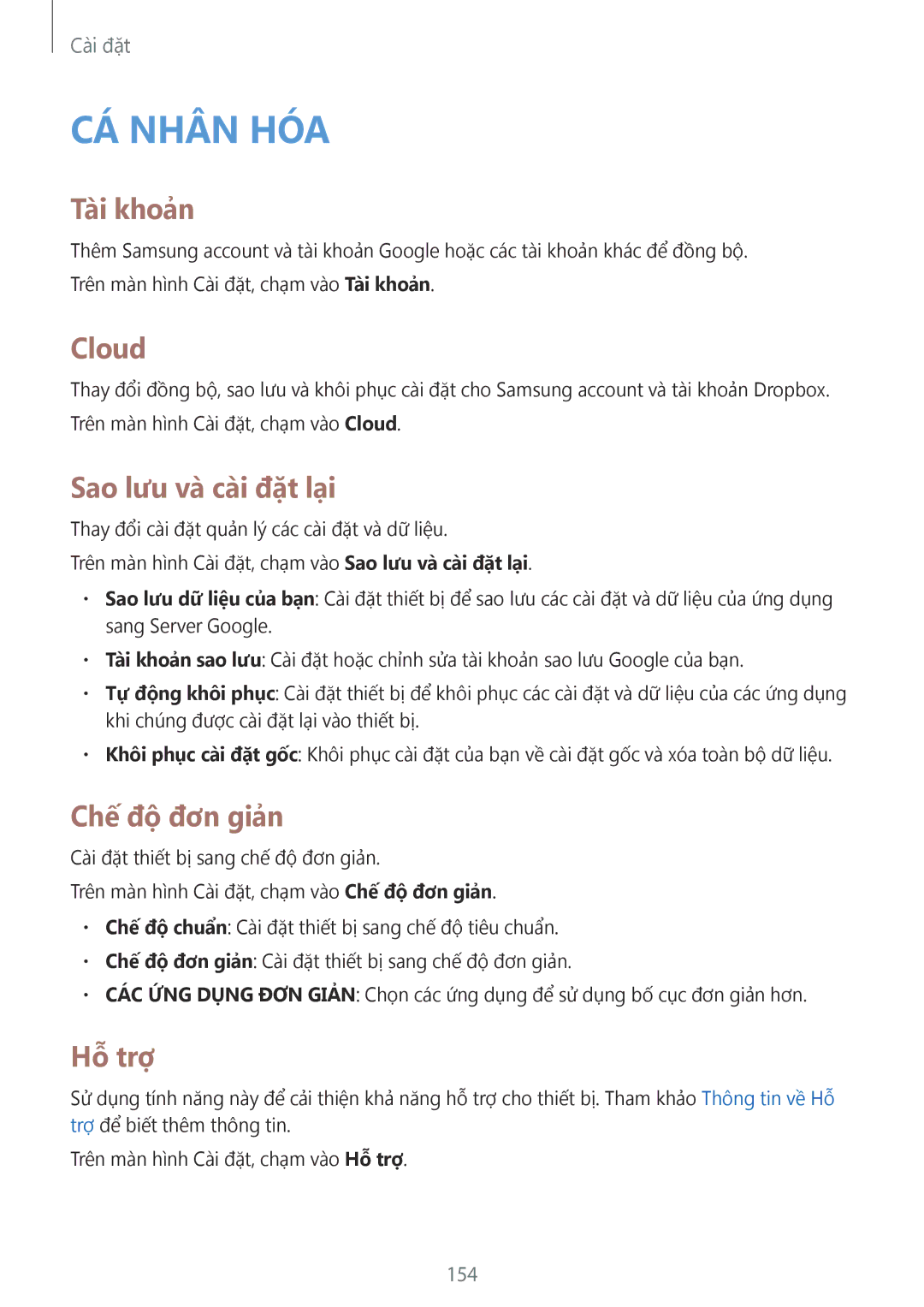 Samsung SM-N910CZKEXXV, SM-N910CZDEXXV, SM-N910CZWEXXV Tài khoản, Cloud, Sao lưu và cài đặt lại, Chế độ đơn giản, Hỗ trợ 