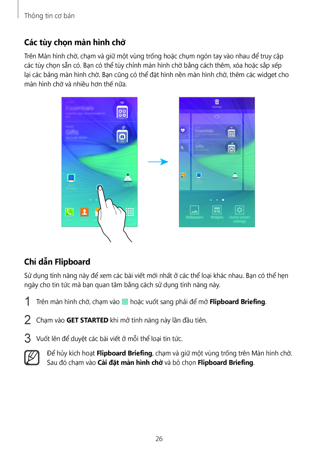 Samsung SM-N910CZKEXXV, SM-N910CZDEXXV, SM-N910CZWEXXV, SM-N910CZIEXXV manual Các tùy chọn màn hình chờ̀, Chỉ dẫn Flipboard 