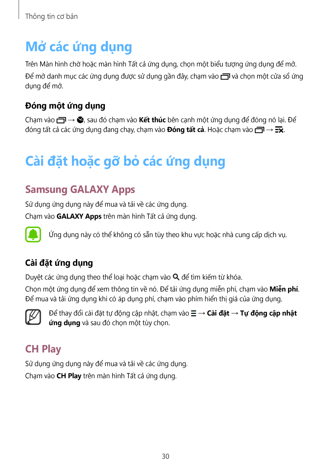 Samsung SM-N910CZKEXXV, SM-N910CZDEXXV manual Mở các ứng dụng, Cài đặt hoặc gỡ bỏ các ứng dụng, Samsung Galaxy Apps, CH Play 