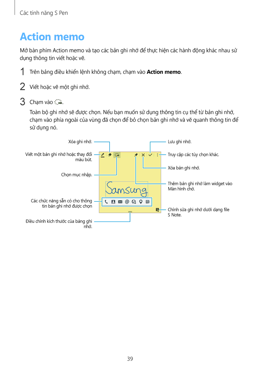 Samsung SM-N910CZIEXXV, SM-N910CZDEXXV, SM-N910CZWEXXV, SM-N910CZKEXXV manual Action memo 