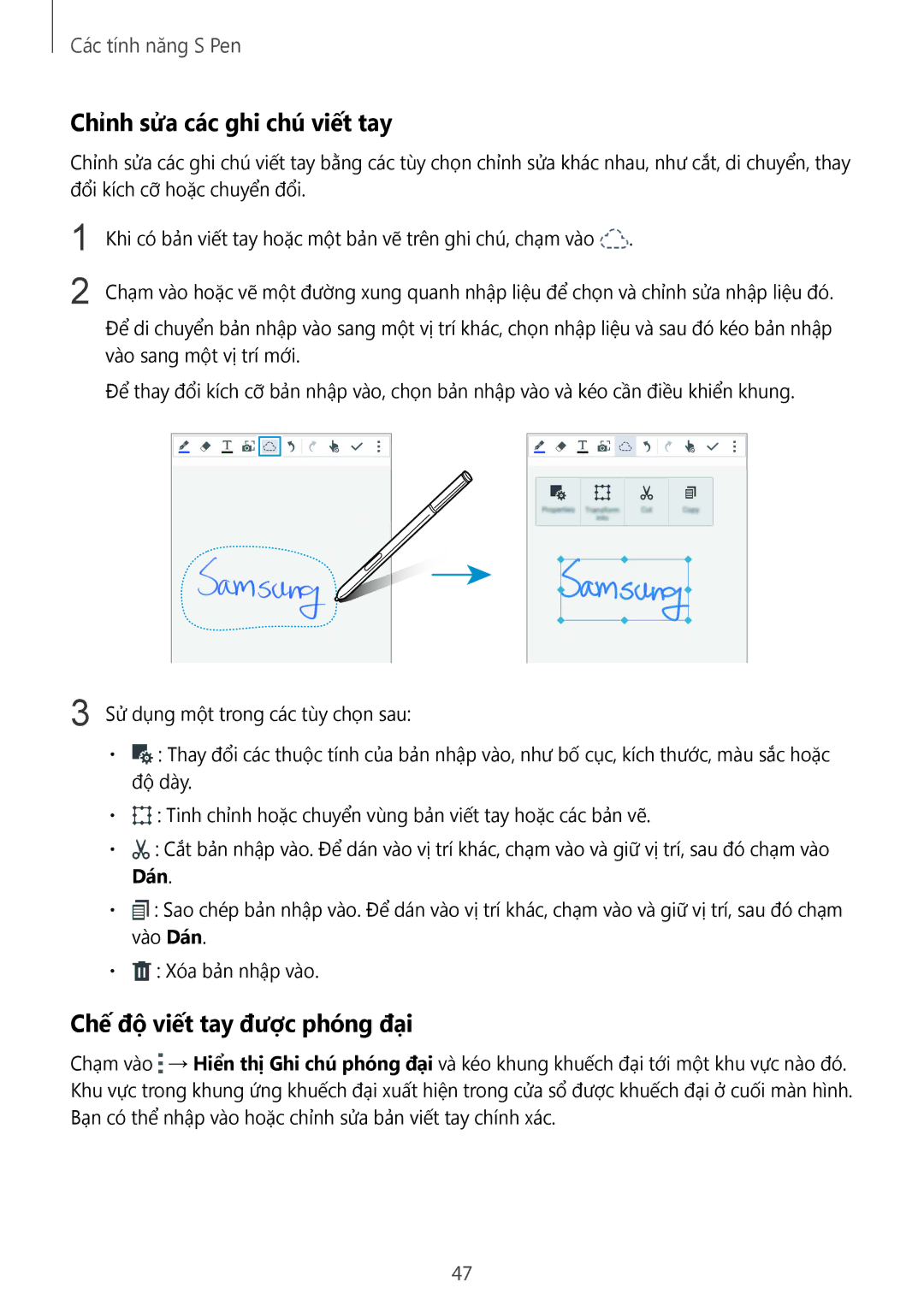 Samsung SM-N910CZIEXXV, SM-N910CZDEXXV, SM-N910CZWEXXV manual Chỉnh sửa các ghi chú viết tay, Chế độ viết tay được phóng đại 