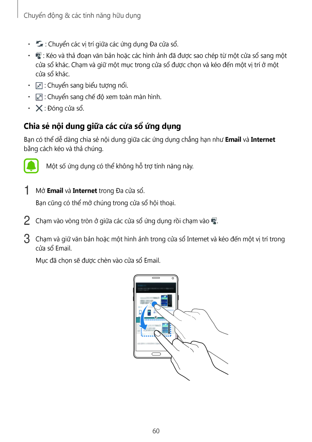 Samsung SM-N910CZDEXXV, SM-N910CZWEXXV, SM-N910CZKEXXV, SM-N910CZIEXXV manual Chia sẻ nội dung giữa các cửa sổ ứng dụng 