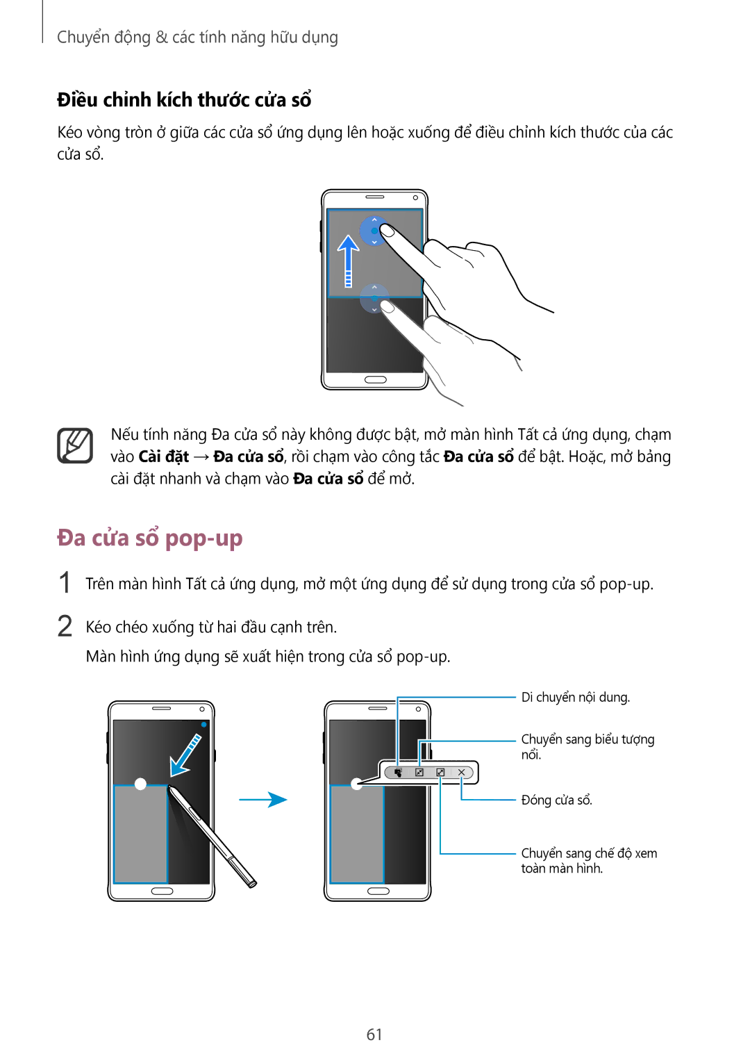 Samsung SM-N910CZWEXXV, SM-N910CZDEXXV, SM-N910CZKEXXV, SM-N910CZIEXXV manual Đa cửa sổ pop-up, Điều chỉnh kích thước cửa sổ 