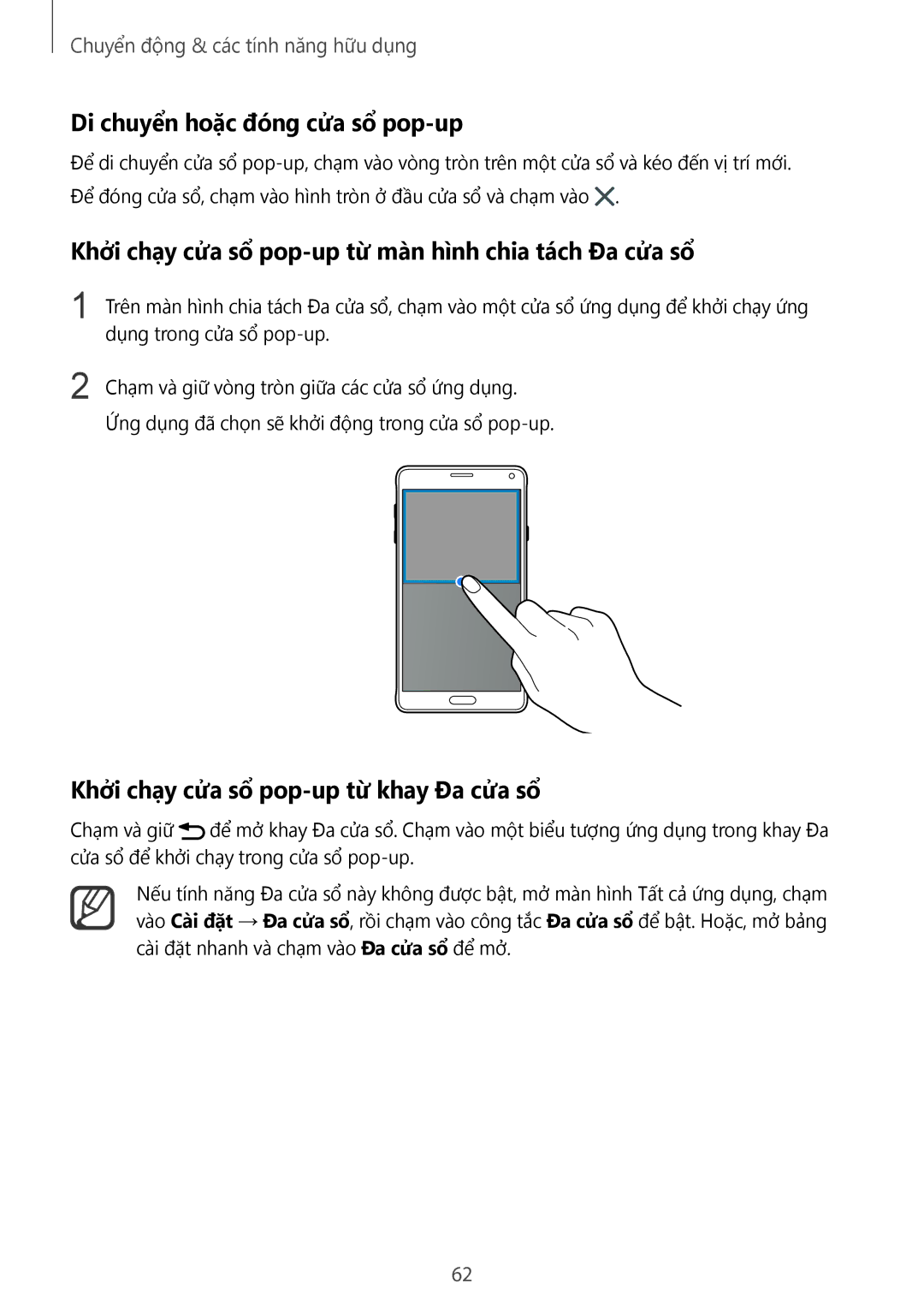 Samsung SM-N910CZKEXXV manual Di chuyển hoặc đóng cửa sổ pop-up, Khởi chạy cửa sổ pop-up từ màn hình chia tách Đa cửa sổ 