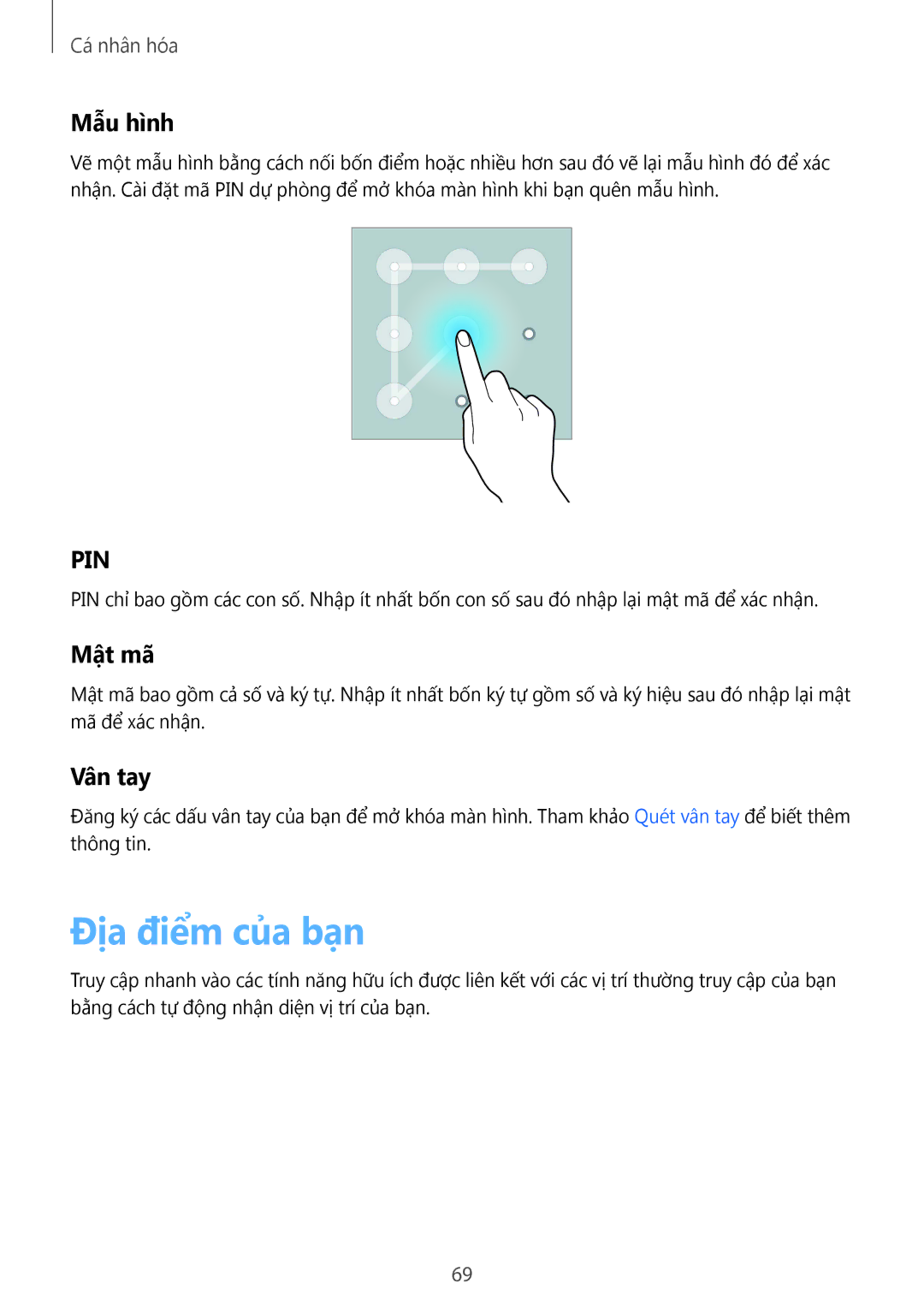 Samsung SM-N910CZWEXXV, SM-N910CZDEXXV, SM-N910CZKEXXV, SM-N910CZIEXXV manual Đia điêm cua ban, Mẫu hình, Mật mã, Vân tay 