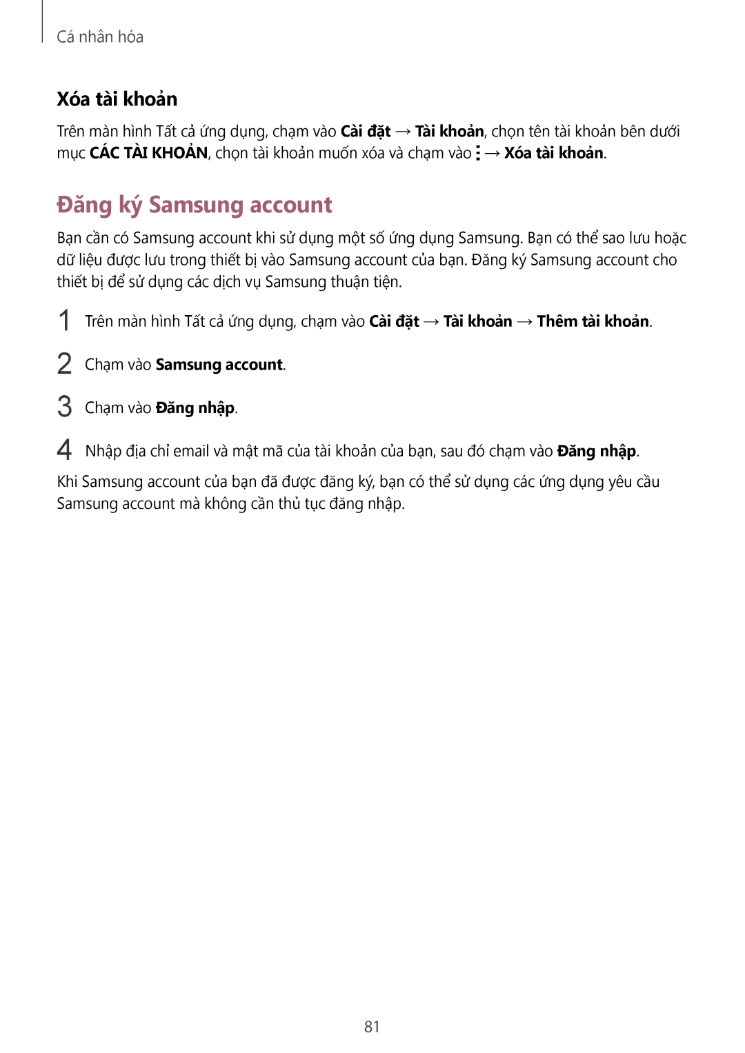 Samsung SM-N910CZWEXXV, SM-N910CZDEXXV, SM-N910CZKEXXV Đăng ký Samsung account, Xóa tài khoản, Chạm vào Samsung account 