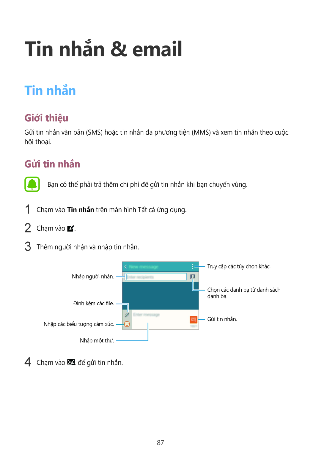 Samsung SM-N910CZIEXXV, SM-N910CZDEXXV, SM-N910CZWEXXV, SM-N910CZKEXXV manual Tin nhắn & email, Gửi tin nhắn 