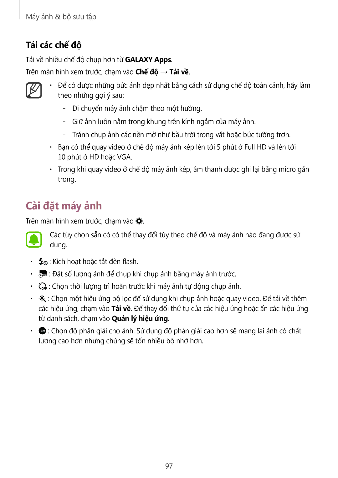 Samsung SM-N910CZWEXXV, SM-N910CZDEXXV, SM-N910CZKEXXV, SM-N910CZIEXXV manual Cài đặt máy ảnh, Tải các chế độ 