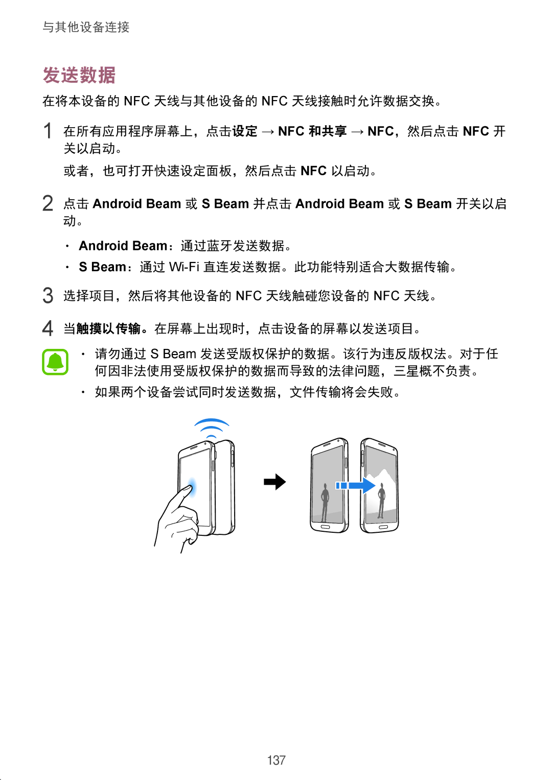 Samsung SM-N910CZWEXXV, SM-N910CZDEXXV, SM-N910CZKEXXV, SM-N910CZIEXXV manual 如果两个设备尝试同时发送数据，文件传输将会失败。 