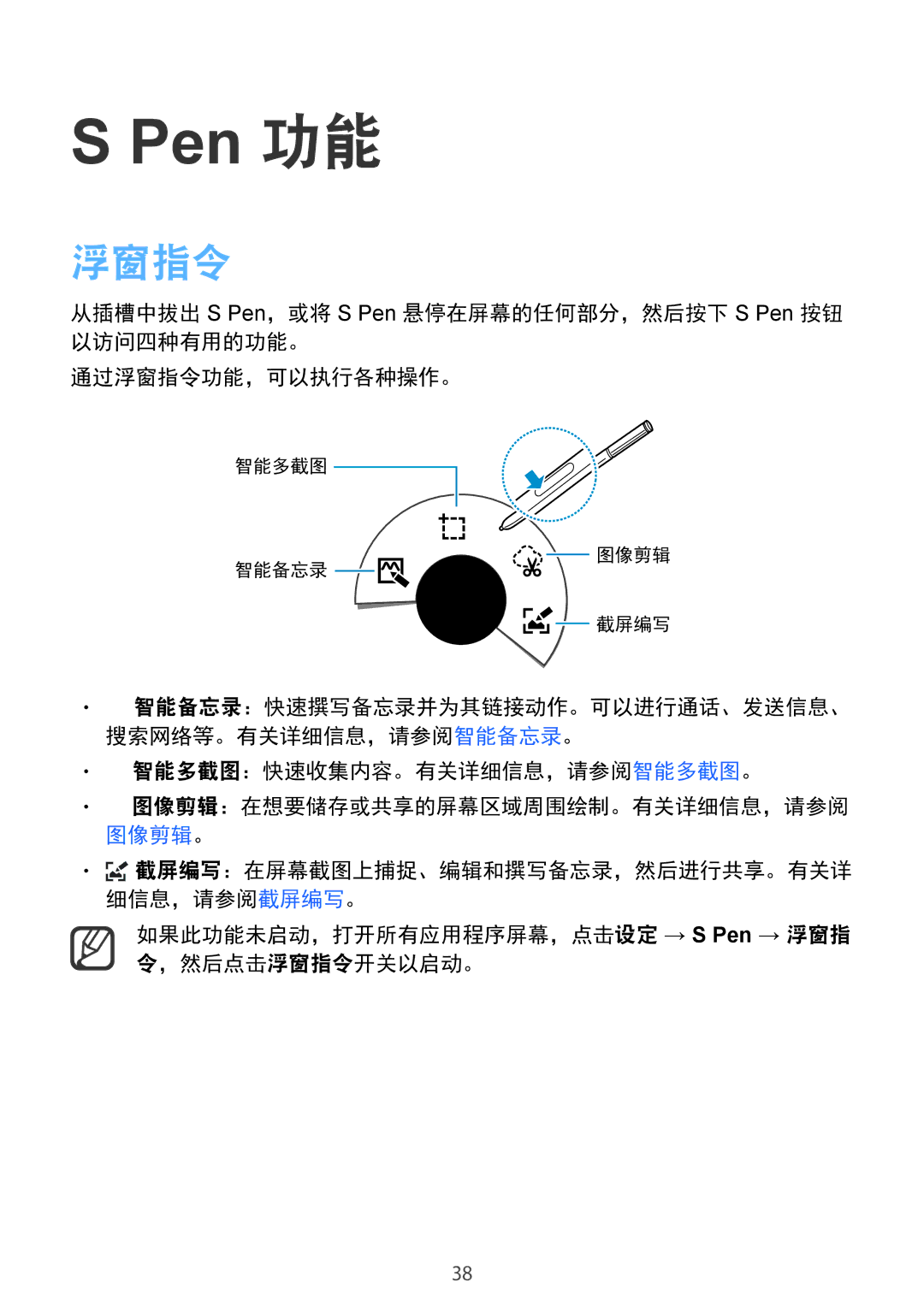 Samsung SM-N910CZKEXXV manual 智能多截图：快速收集内容。有关详细信息，请参阅智能多截图。, 如果此功能未启动，打开所有应用程序屏幕，点击设定 → S Pen → 浮窗指 令，然后点击浮窗指令开关以启动。 