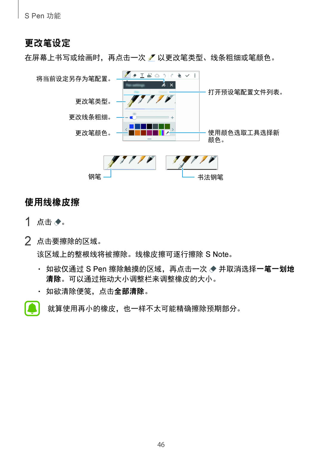 Samsung SM-N910CZKEXXV 更改笔设定, 使用线橡皮擦, 在屏幕上书写或绘画时，再点击一次 以更改笔类型、线条粗细或笔颜色。, 点击 。 点击要擦除的区域。 该区域上的整根线将被擦除。线橡皮擦可逐行擦除 S Note。 