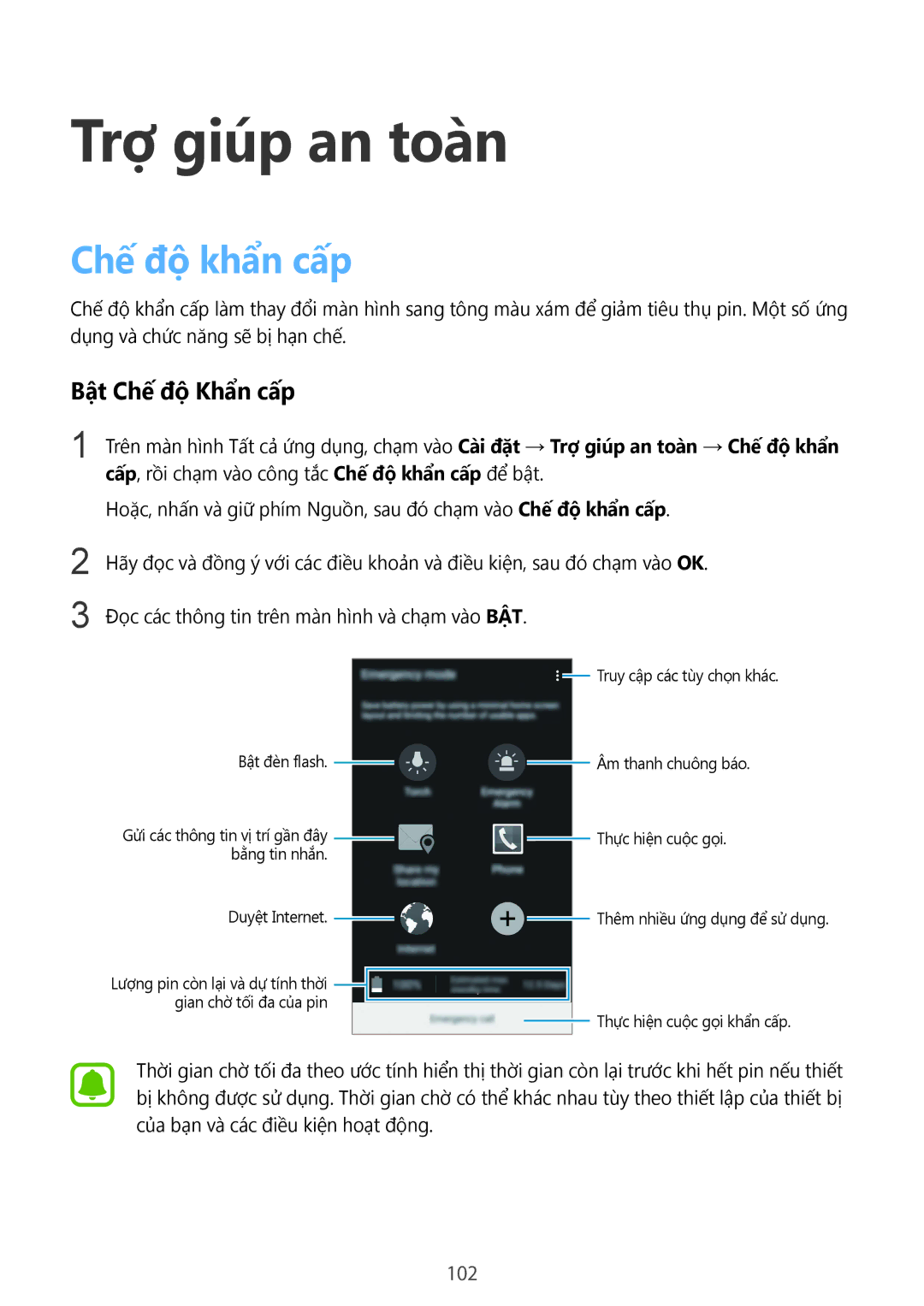 Samsung SM-N910CZKEXXV, SM-N910CZDEXXV, SM-N910CZWEXXV manual Trợ giúp an toàn, Chế độ khẩn cấp, Bật Chế độ Khẩn cấp, 102 