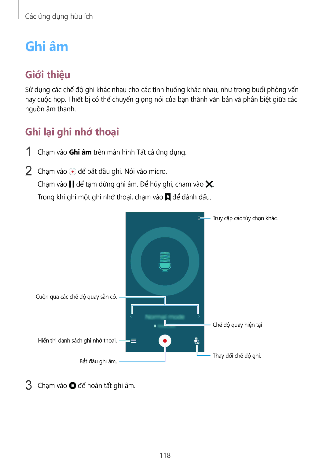 Samsung SM-N910CZKEXXV, SM-N910CZDEXXV, SM-N910CZWEXXV, SM-N910CZIEXXV manual Ghi âm, Ghi lại ghi nhớ thoại, 118 