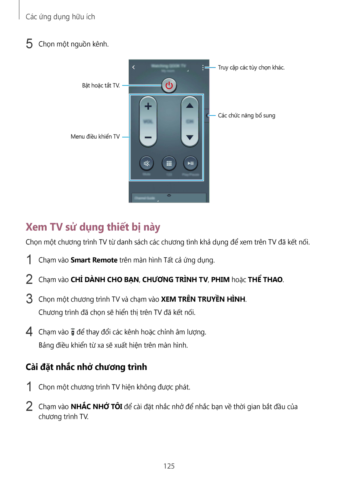 Samsung SM-N910CZWEXXV, SM-N910CZDEXXV, SM-N910CZKEXXV manual Xem TV sử dụng thiết bị này, Cài đặt nhắc nhở chương trình, 125 