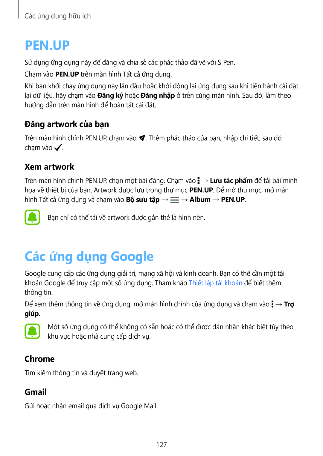 Samsung SM-N910CZIEXXV, SM-N910CZDEXXV manual Các ứng dụng Google, Đăng artwork của bạn, Xem artwork, Chrome, Gmail 