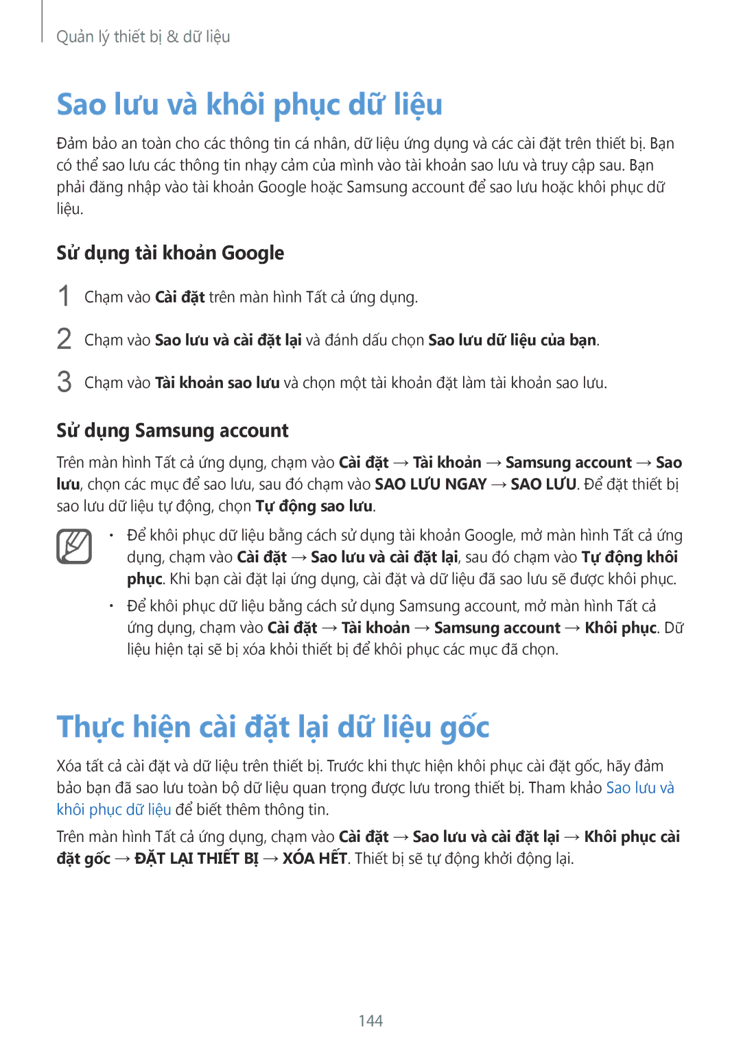 Samsung SM-N910CZDEXXV Sao lưu và khôi phục dữ liệu, Thực hiện cài đặt lại dữ liệu gốc, Sử dụng tài khoản Google, 144 