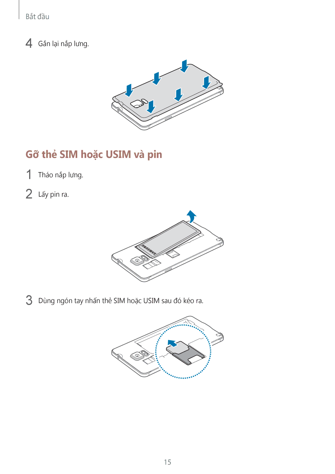 Samsung SM-N910CZIEXXV, SM-N910CZDEXXV, SM-N910CZWEXXV, SM-N910CZKEXXV manual Gỡ thẻ SIM hoặc Usim và pin 