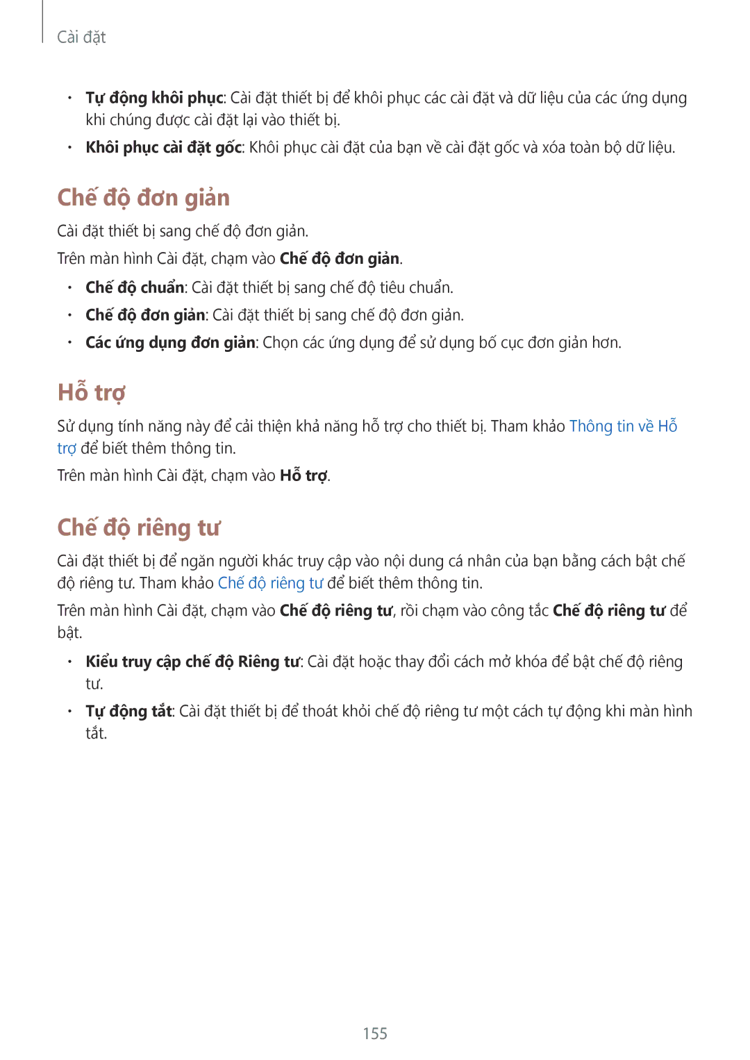 Samsung SM-N910CZIEXXV, SM-N910CZDEXXV, SM-N910CZWEXXV, SM-N910CZKEXXV manual Chế độ đơn giản, Hỗ trợ, Chế độ riêng tư, 155 