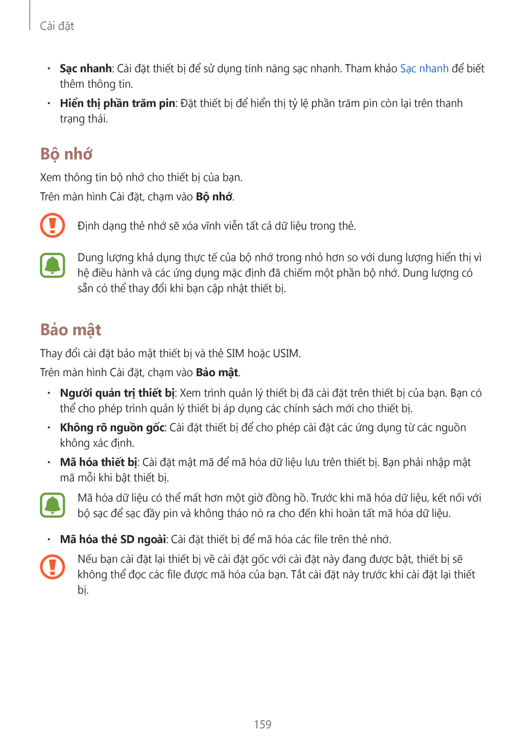 Samsung SM-N910CZIEXXV, SM-N910CZDEXXV, SM-N910CZWEXXV, SM-N910CZKEXXV manual Bộ nhớ, Bảo mật, 159 