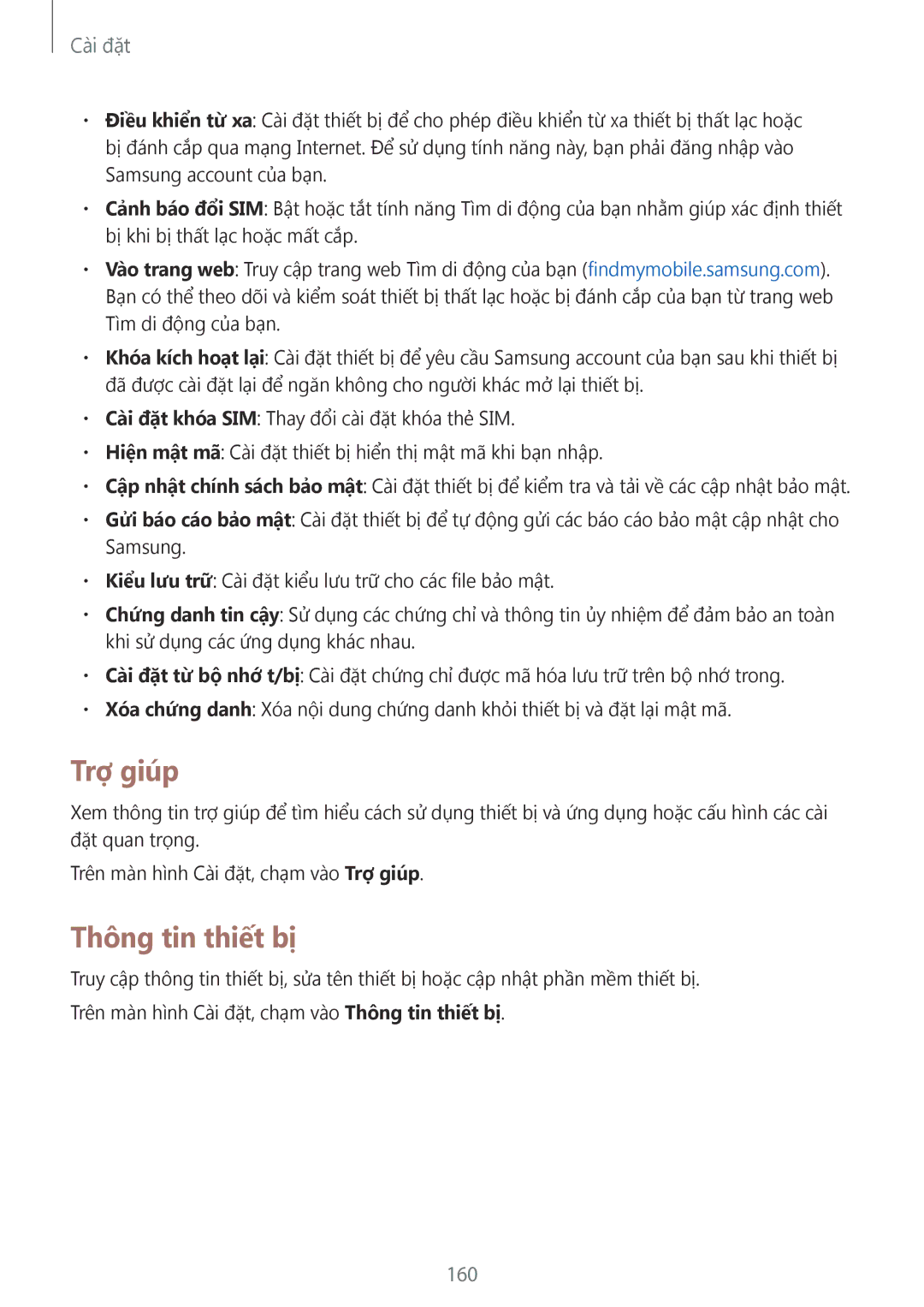 Samsung SM-N910CZDEXXV, SM-N910CZWEXXV, SM-N910CZKEXXV, SM-N910CZIEXXV manual Trợ giúp, Thông tin thiết bị, 160 