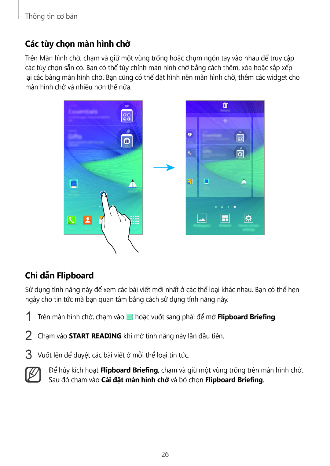 Samsung SM-N910CZKEXXV, SM-N910CZDEXXV, SM-N910CZWEXXV, SM-N910CZIEXXV manual Các tùy chọn màn hình chờ̀, Chỉ dẫn Flipboard 