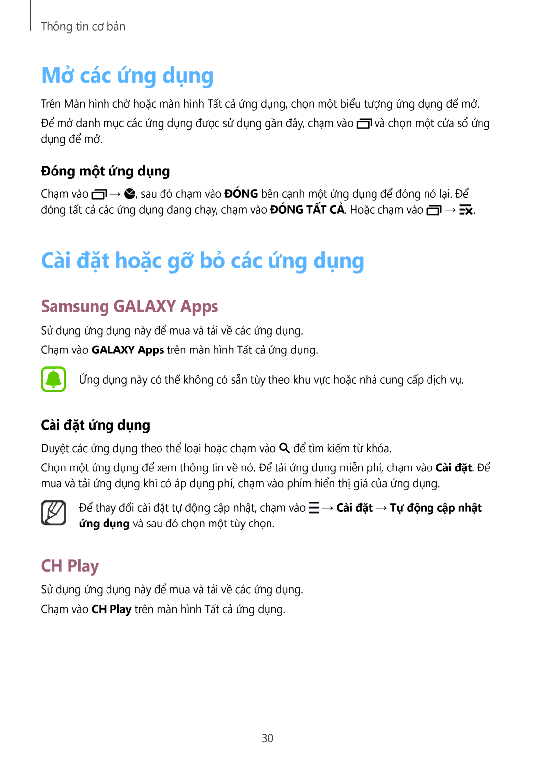 Samsung SM-N910CZKEXXV, SM-N910CZDEXXV manual Mở các ứng dụng, Cài đặt hoặc gỡ bỏ các ứng dụng, Samsung Galaxy Apps, CH Play 