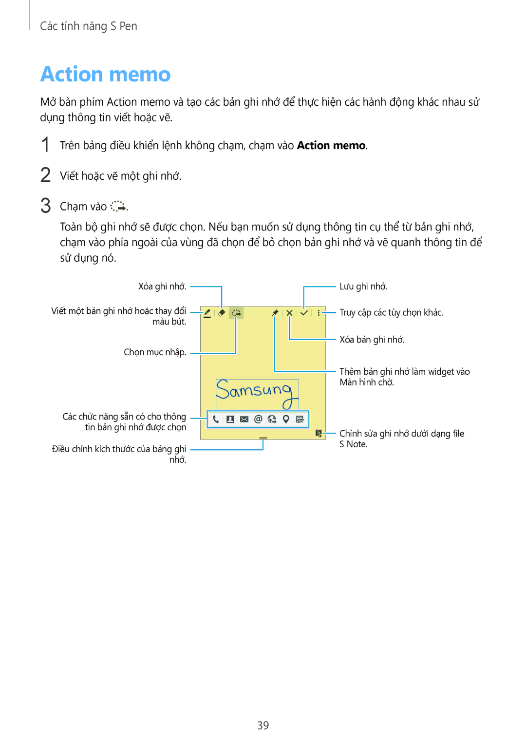 Samsung SM-N910CZIEXXV, SM-N910CZDEXXV, SM-N910CZWEXXV, SM-N910CZKEXXV manual Action memo 