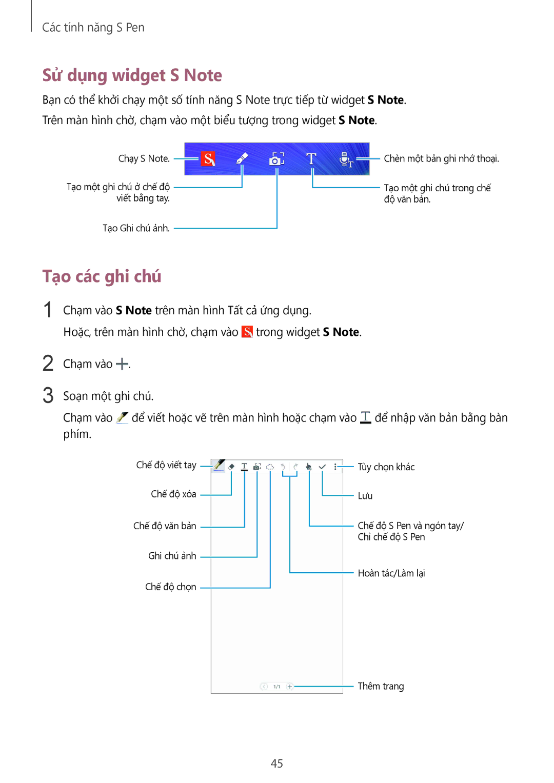 Samsung SM-N910CZWEXXV, SM-N910CZDEXXV, SM-N910CZKEXXV, SM-N910CZIEXXV manual Sử dụng widget S Note, Tạo các ghi chú 