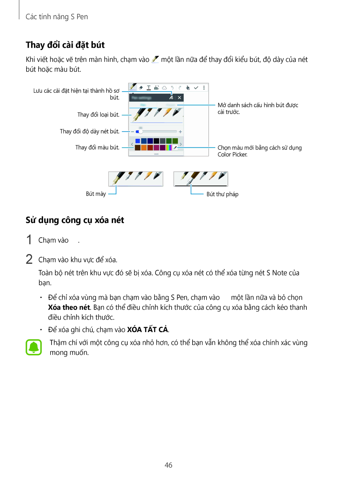 Samsung SM-N910CZKEXXV, SM-N910CZDEXXV, SM-N910CZWEXXV, SM-N910CZIEXXV manual Thay đổi cài đặt bút, Sử dụng công cụ xóa nét 