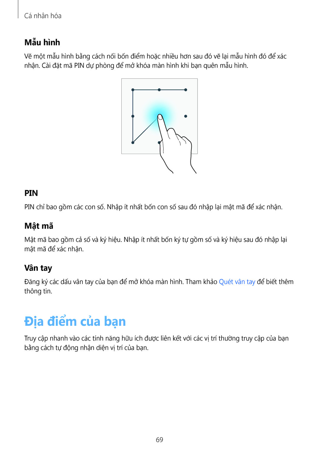 Samsung SM-N910CZWEXXV, SM-N910CZDEXXV, SM-N910CZKEXXV, SM-N910CZIEXXV manual Đia điêm cua ban, Mẫu hình, Mật mã, Vân tay 