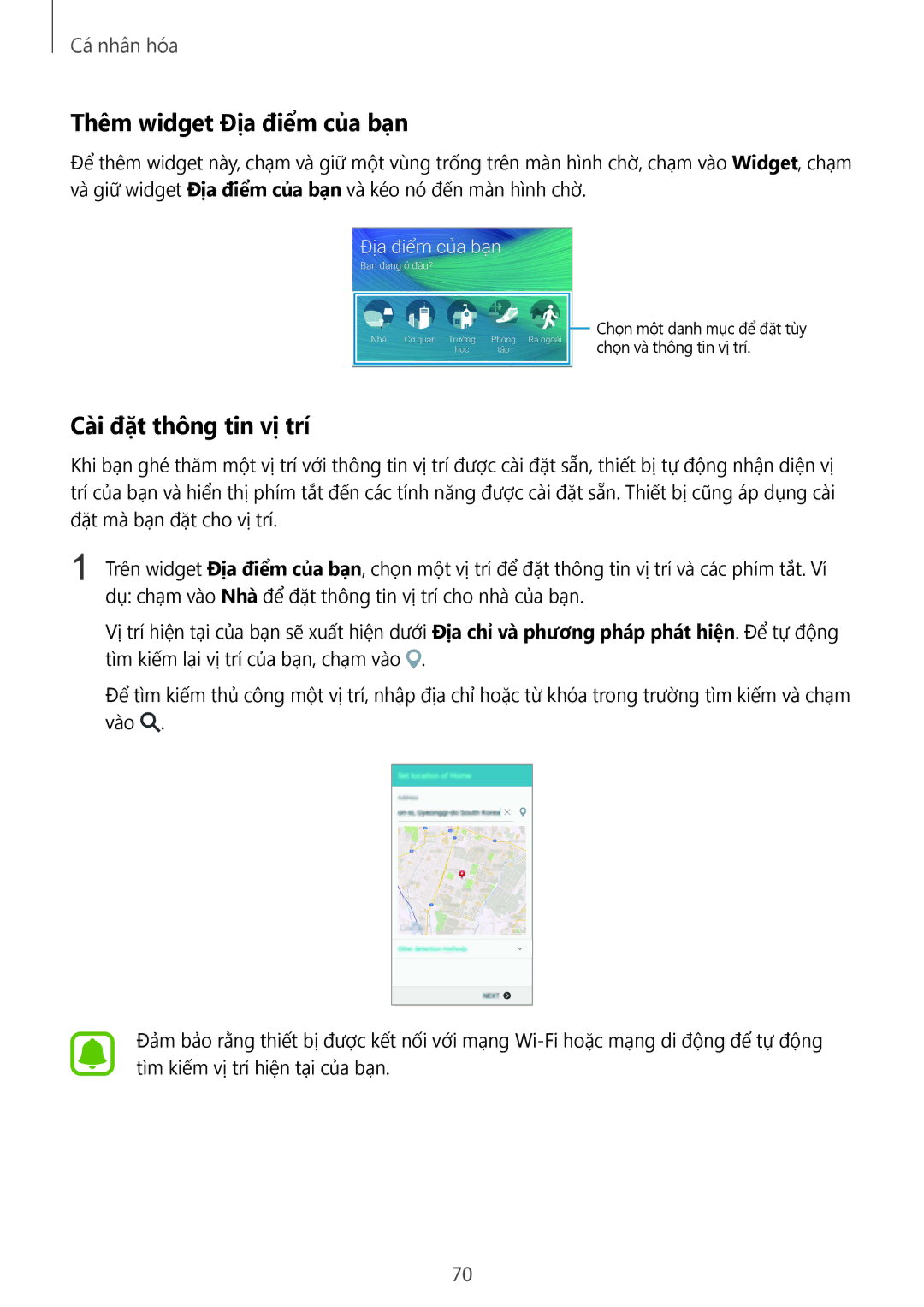 Samsung SM-N910CZKEXXV, SM-N910CZDEXXV, SM-N910CZWEXXV manual Thêm widget Địa điểm của bạn, Cài đặt thông tin vị trí 
