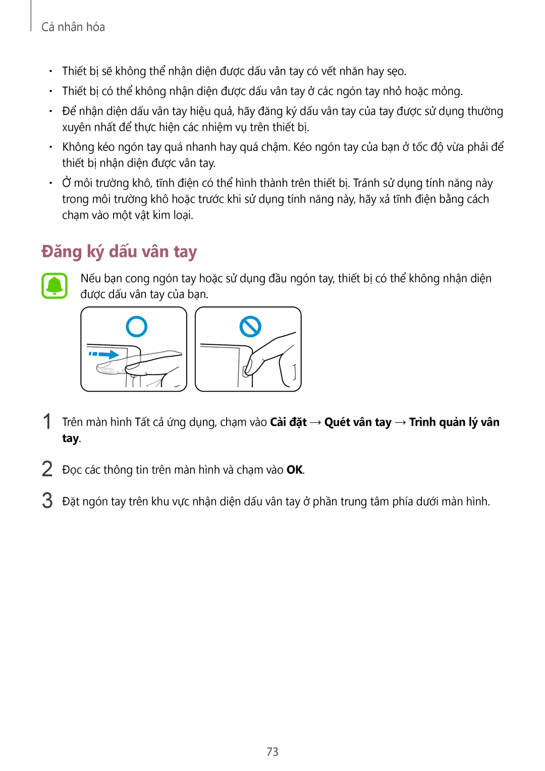 Samsung SM-N910CZWEXXV, SM-N910CZDEXXV, SM-N910CZKEXXV, SM-N910CZIEXXV manual Đăng ký dấu vân tay 