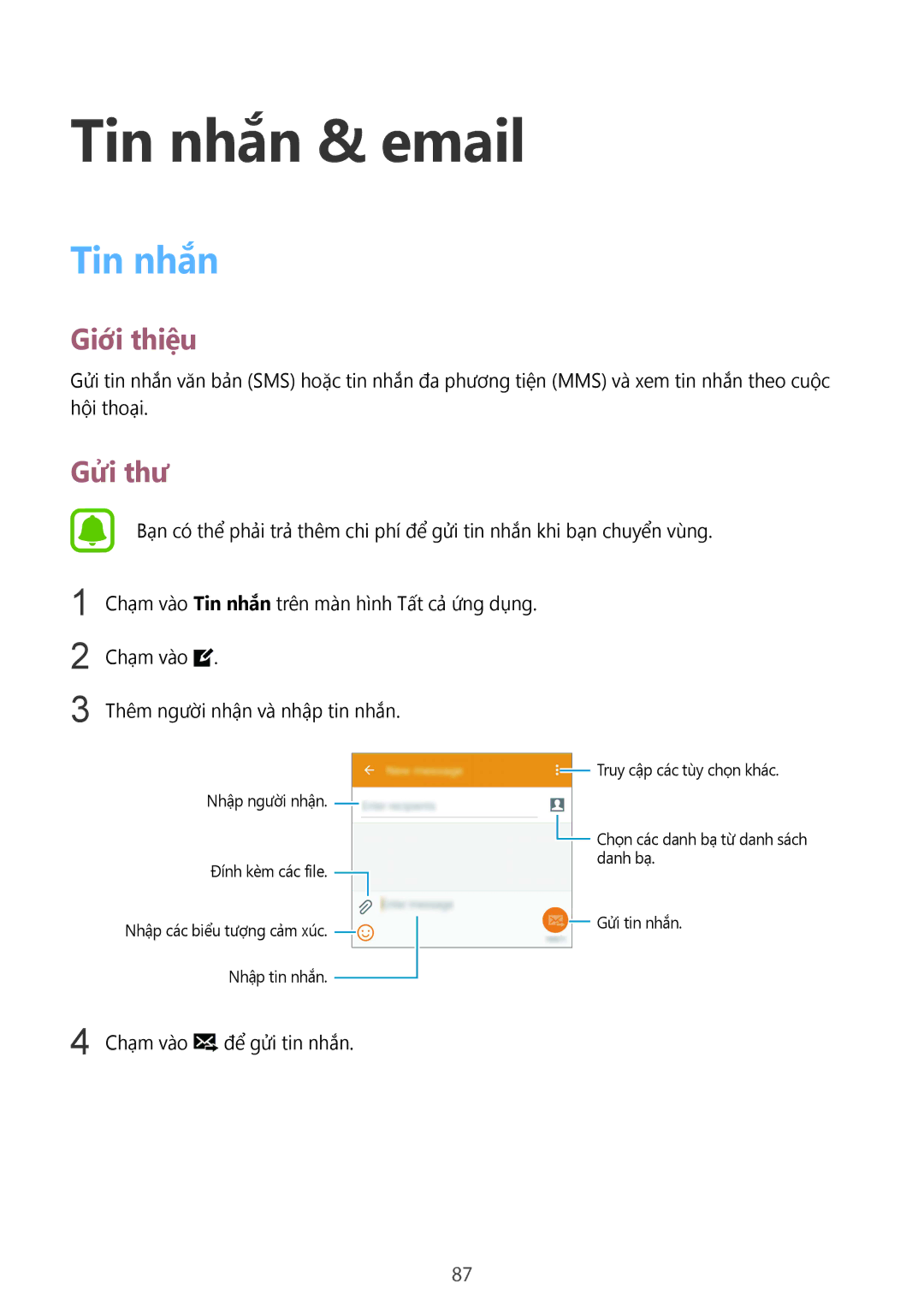 Samsung SM-N910CZIEXXV, SM-N910CZDEXXV, SM-N910CZWEXXV, SM-N910CZKEXXV manual Tin nhắn & email, Gửi thư 