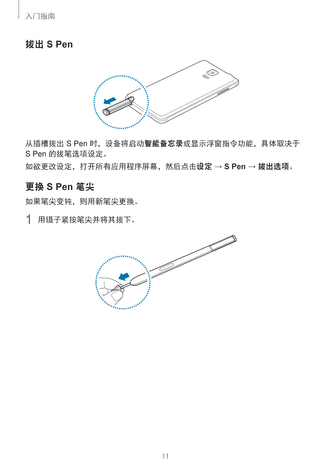 Samsung SM-N910CZIEXXV 拔出 S Pen, 更换 S Pen 笔尖, 如欲更改设定，打开所有应用程序屏幕，然后点击设定 → S Pen → 拔出选项。, 如果笔尖变钝，则用新笔尖更换。 1 用镊子紧按笔尖并将其拔下。 