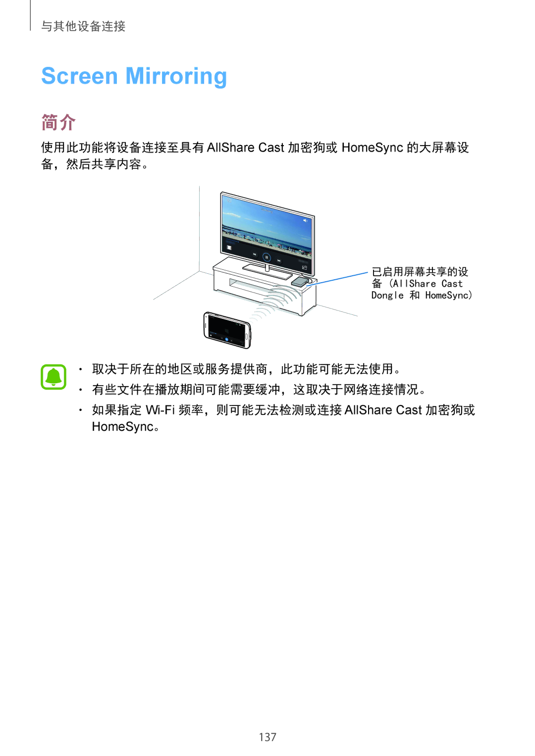 Samsung SM-N910CZWEXXV, SM-N910CZDEXXV manual Screen Mirroring, 使用此功能将设备连接至具有 AllShare Cast 加密狗或 HomeSync 的大屏幕设 备，然后共享内容。 