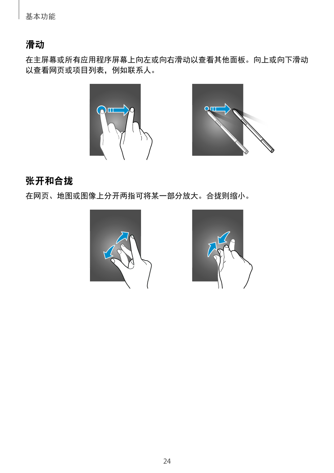 Samsung SM-N910CZDEXXV, SM-N910CZWEXXV, SM-N910CZKEXXV, SM-N910CZIEXXV manual 张开和合拢, 在网页、地图或图像上分开两指可将某一部分放大。合拢则缩小。 