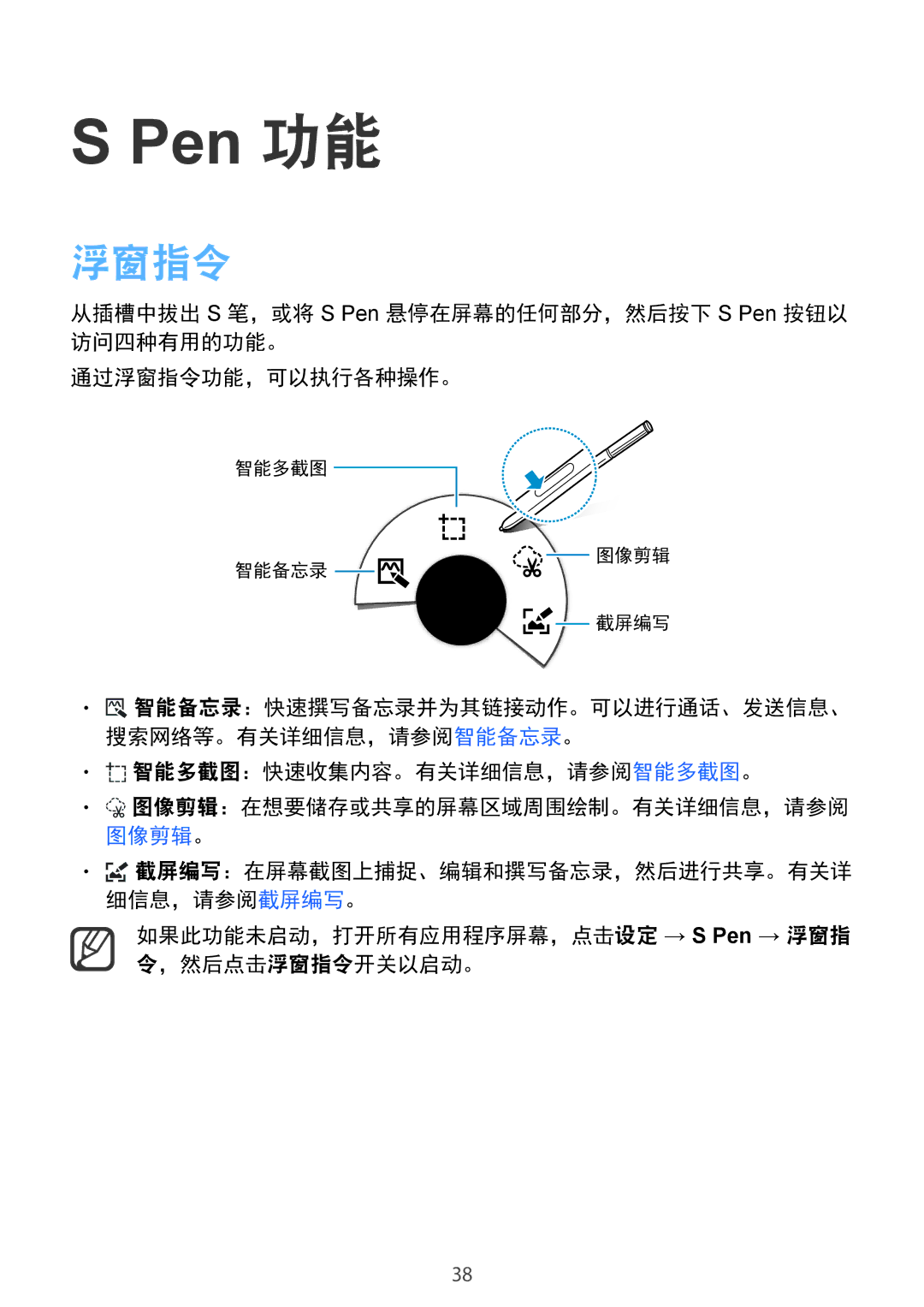 Samsung SM-N910CZKEXXV manual 智能多截图：快速收集内容。有关详细信息，请参阅智能多截图。, 如果此功能未启动，打开所有应用程序屏幕，点击设定 → S Pen → 浮窗指 令，然后点击浮窗指令开关以启动。 