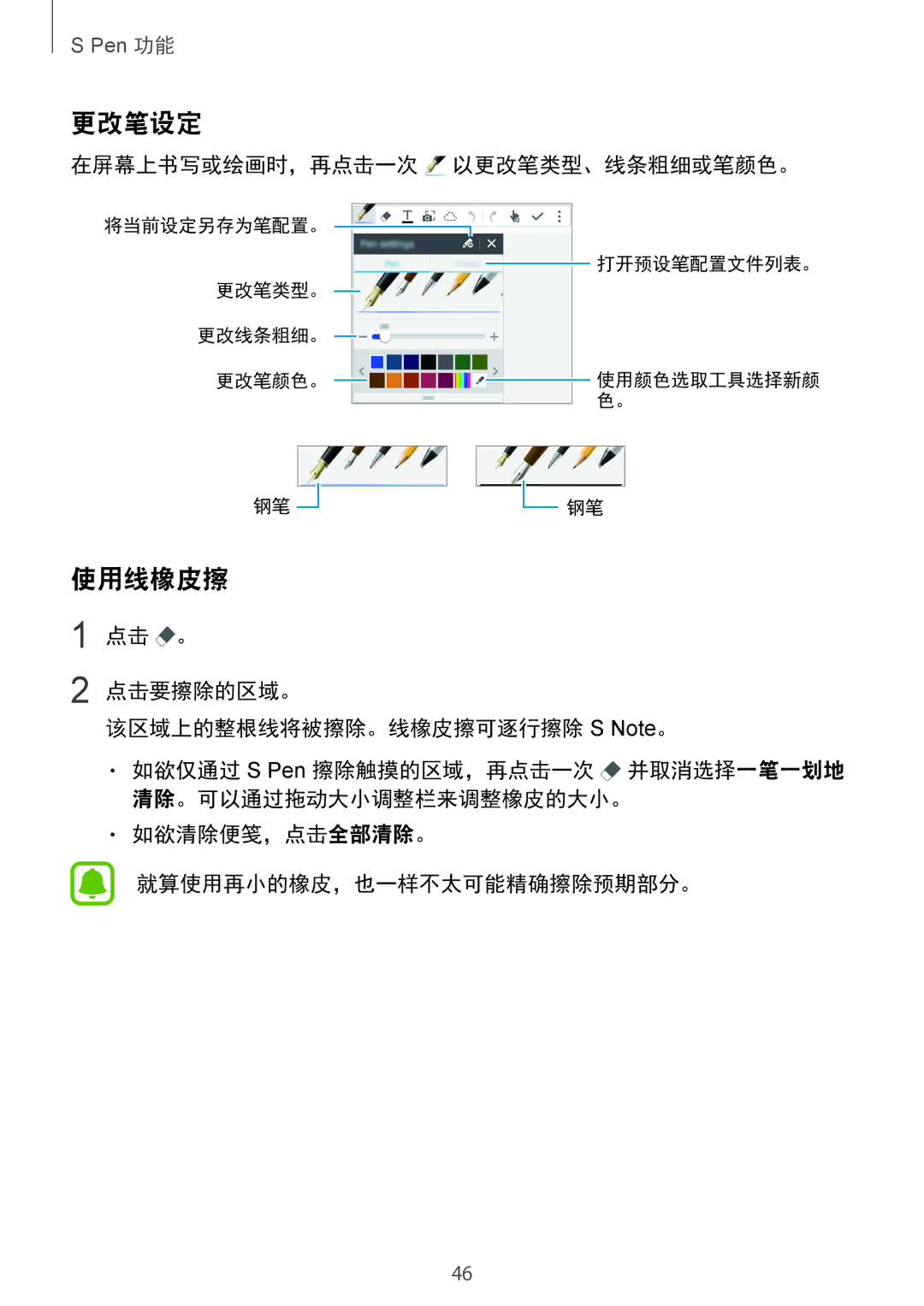 Samsung SM-N910CZKEXXV 更改笔设定, 使用线橡皮擦, 在屏幕上书写或绘画时，再点击一次 以更改笔类型、线条粗细或笔颜色。, 点击 。 点击要擦除的区域。 该区域上的整根线将被擦除。线橡皮擦可逐行擦除 S Note。 