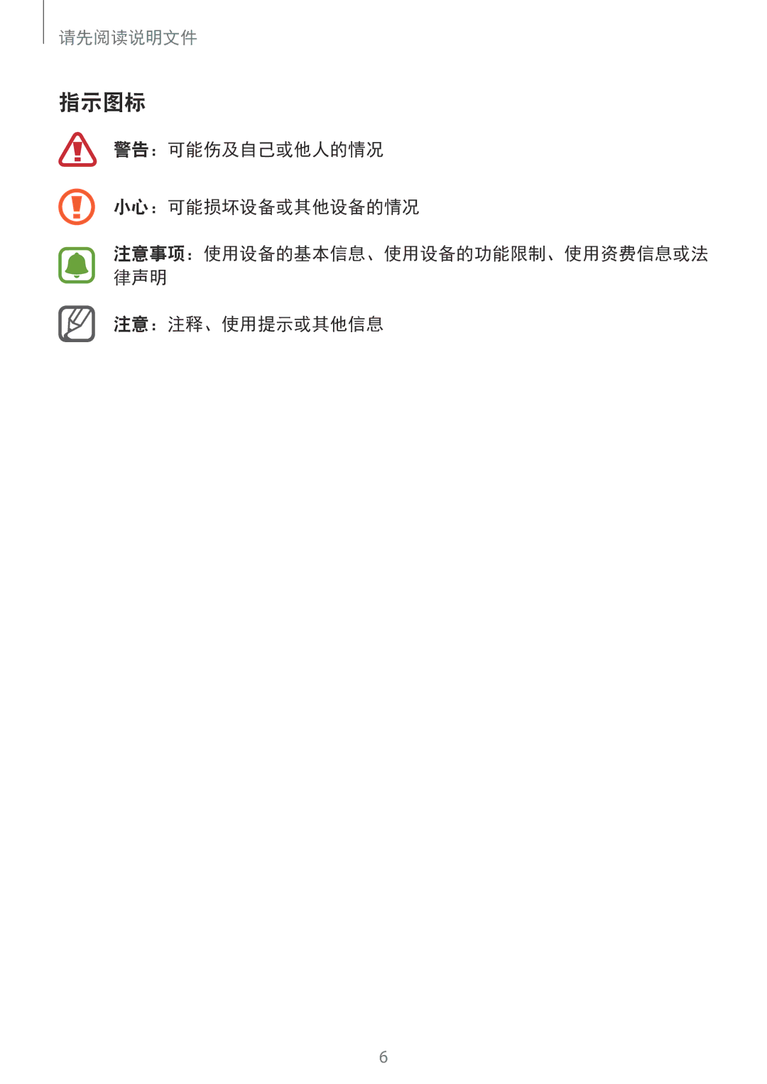 Samsung SM-N910CZKEXXV, SM-N910CZDEXXV, SM-N910CZWEXXV manual 指示图标, 警告：可能伤及自己或他人的情况 小心：可能损坏设备或其他设备的情况, 注意：注释、使用提示或其他信息 