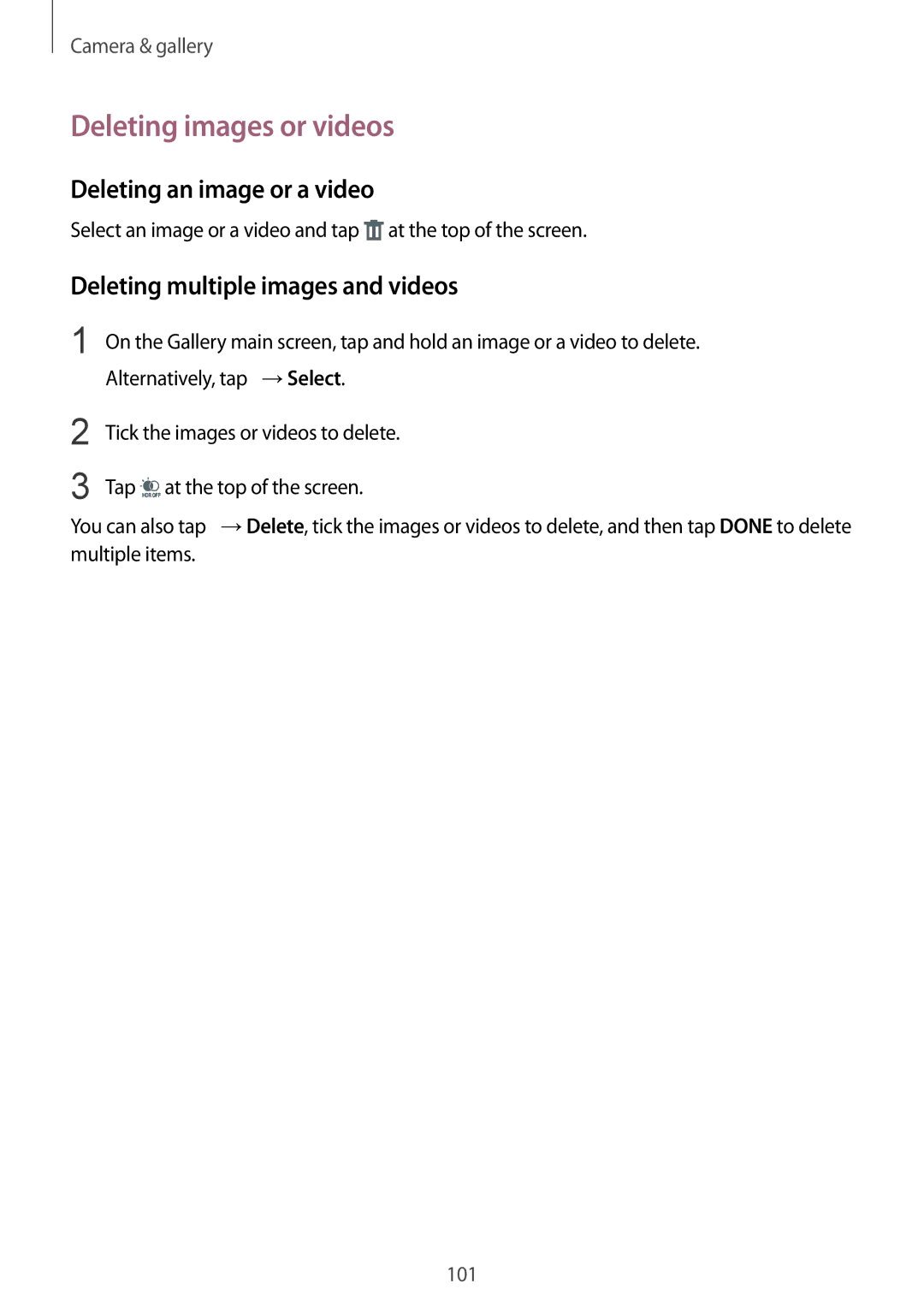 Samsung SM-N910CZKEPRT manual Deleting images or videos, Deleting an image or a video, Deleting multiple images and videos 