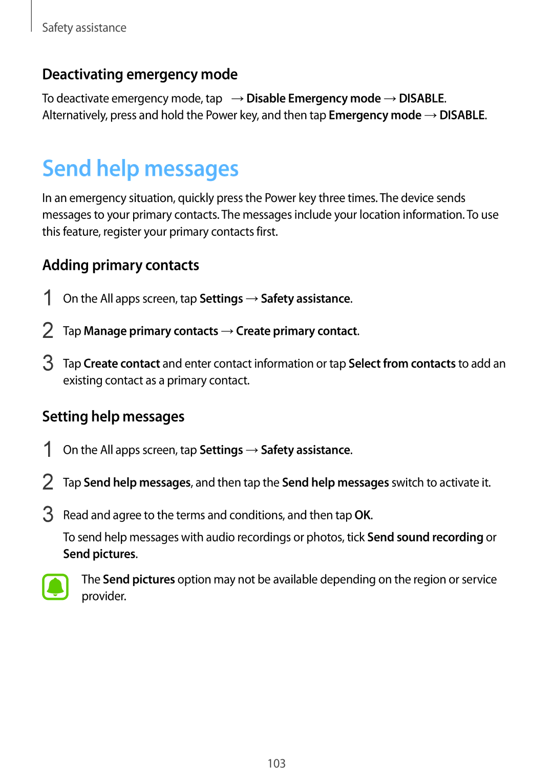 Samsung SM2N910CZWEXEH Send help messages, Deactivating emergency mode, Adding primary contacts, Setting help messages 