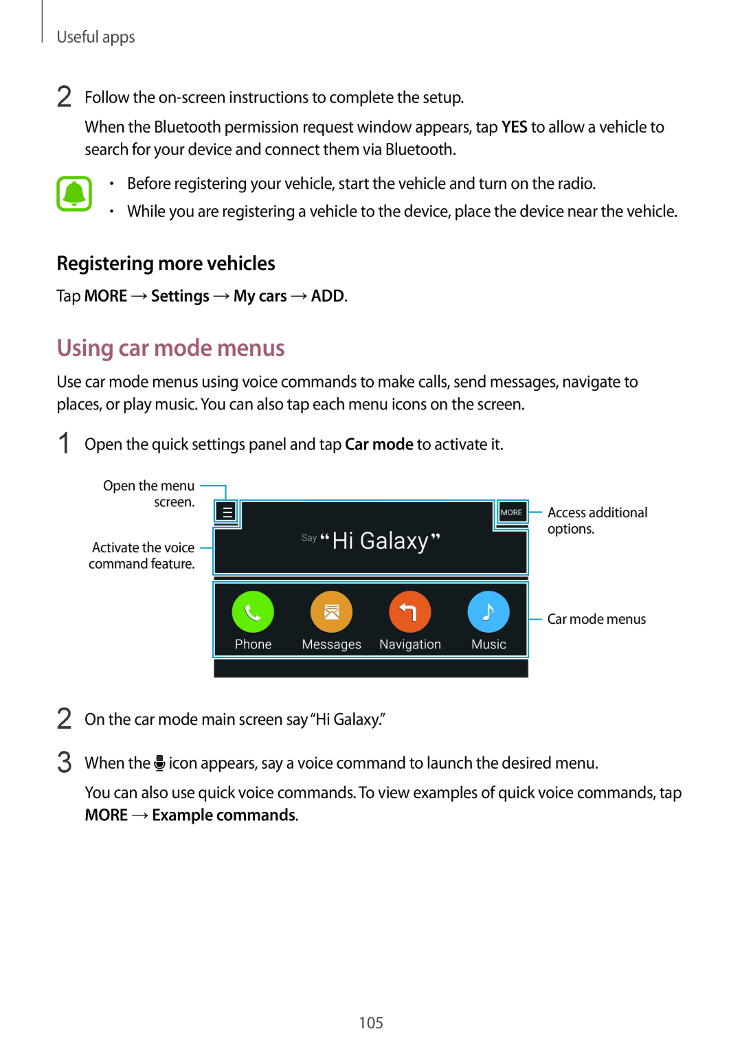 Samsung SM-N910CZWEPRT, SM-N910CZIEEGY Using car mode menus, Registering more vehicles, Tap More →Settings →My cars →ADD 