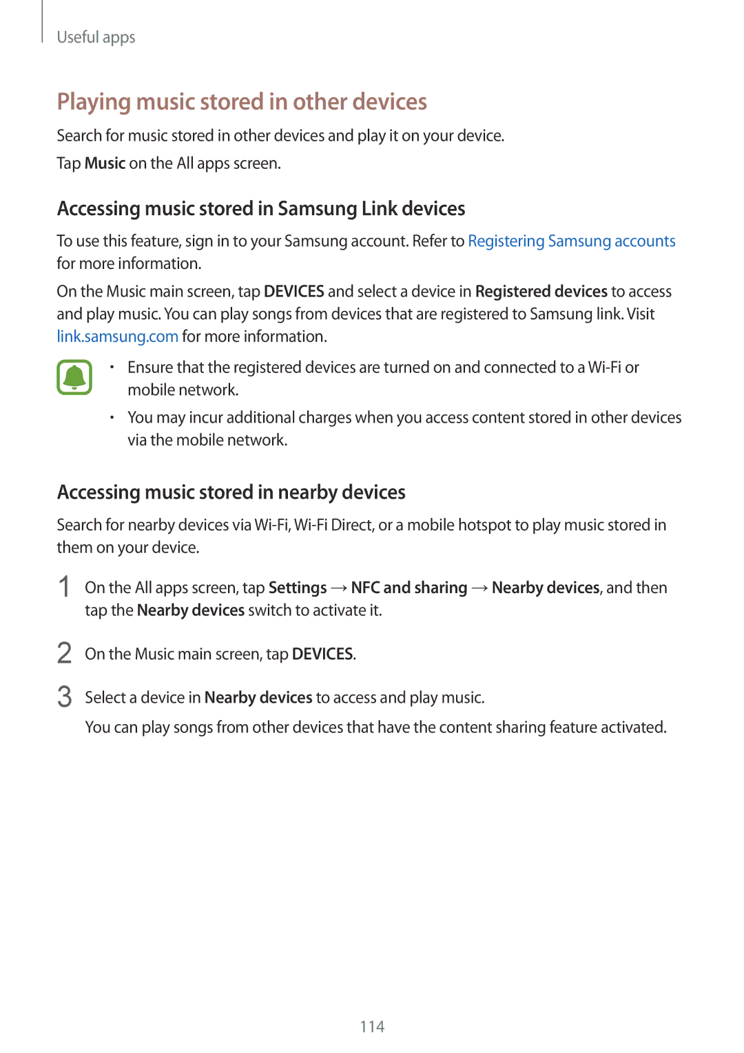 Samsung SM-N910FZKEILO manual Playing music stored in other devices, Accessing music stored in Samsung Link devices 