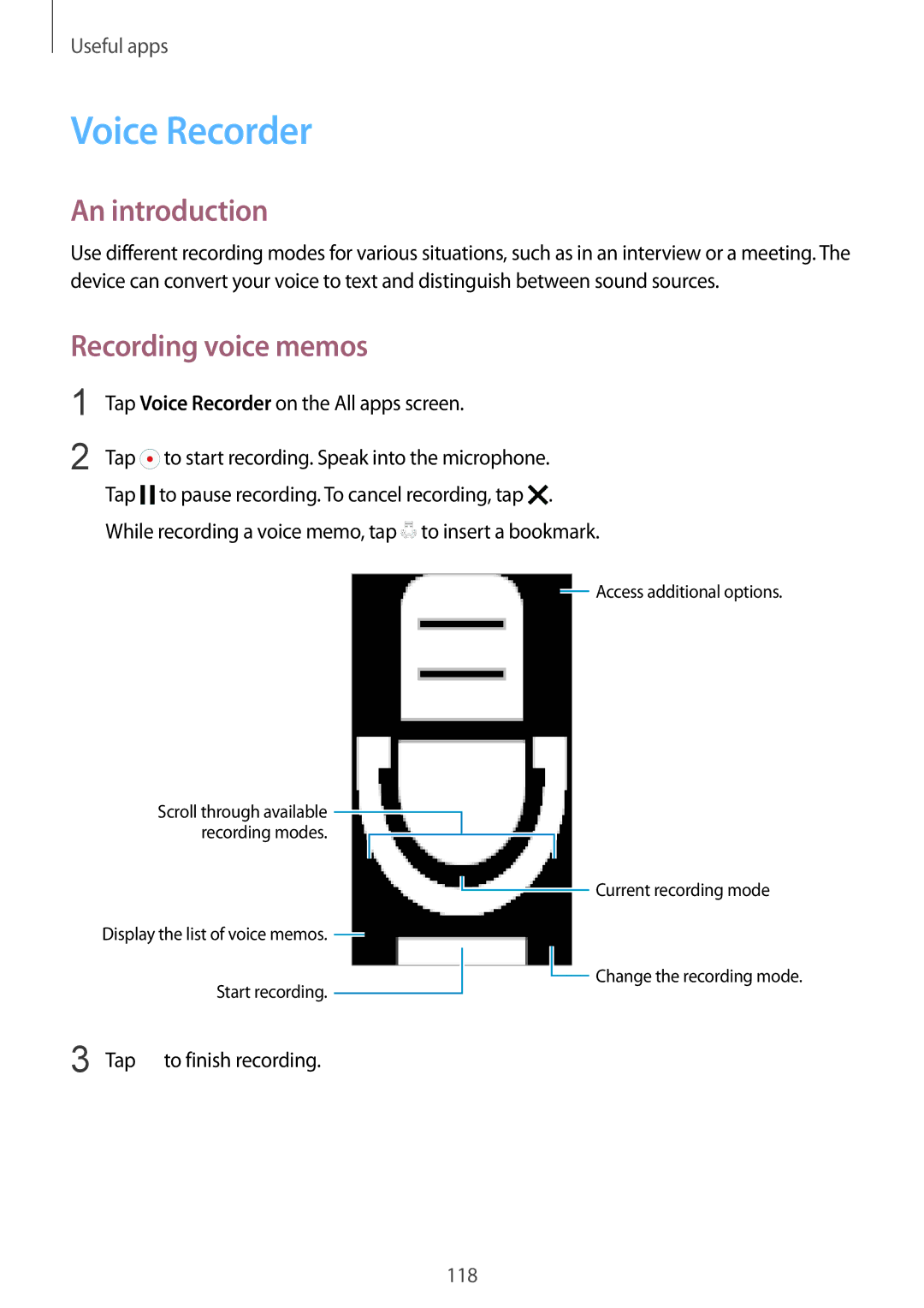 Samsung SM-N910CZIESER manual Recording voice memos, Tap Voice Recorder on the All apps screen, Tap to finish recording 